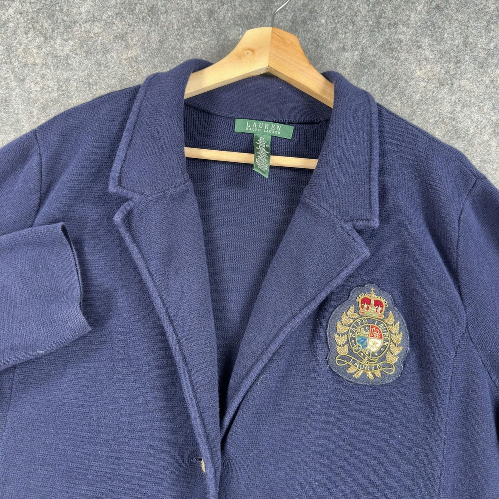 Lauren Ralph Lauren Cardigan Blazer Womens 2X Blue Knit Crest Gold Button Preppy